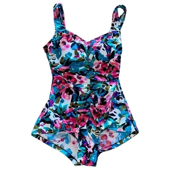 Maxine Of Hollywood Teal And Fuchsia Floral One Piece Swimsuit - Picture 1 of 6